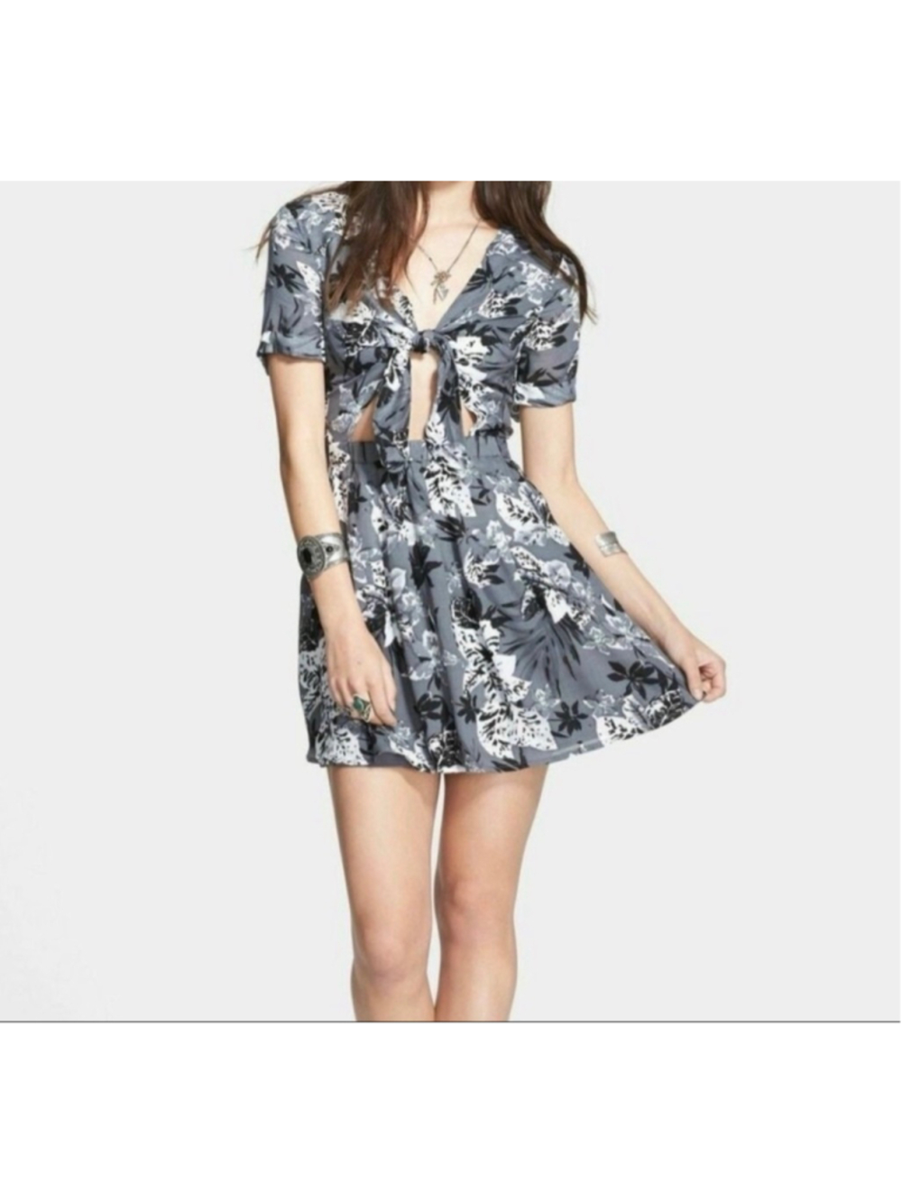 Free People Part Time Lover Gray Floral Cut Out Dress Womens 8 - Picture 1 of 12